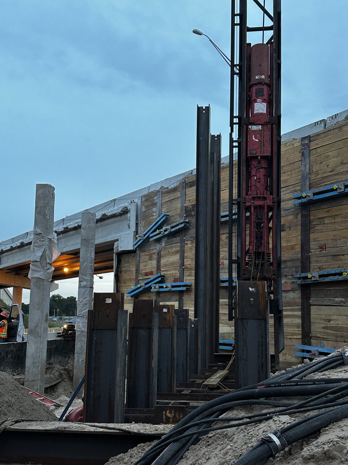 Diesel pile hammer driving piles on jobsite
